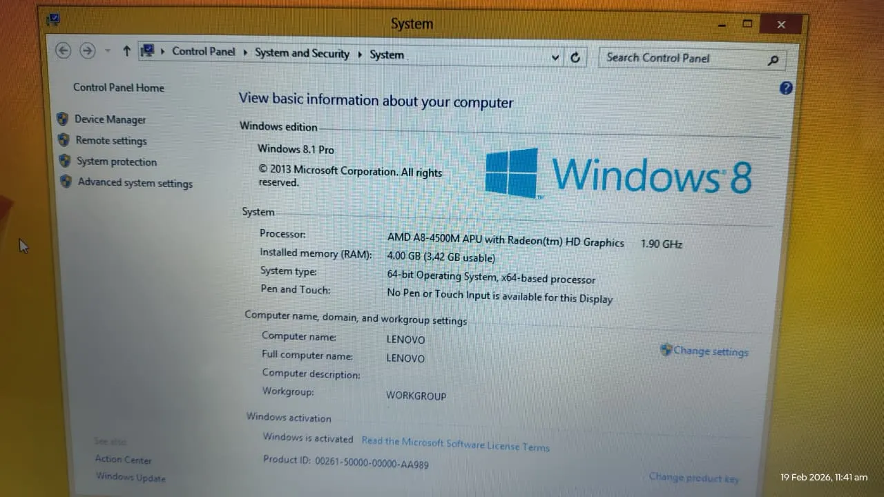 Leptop lenovo Amd Radion graphic card, 4 gb rem, 500 gb hdd, with original charger, wife, web cam, window 8, good working with new type condition, no any problem